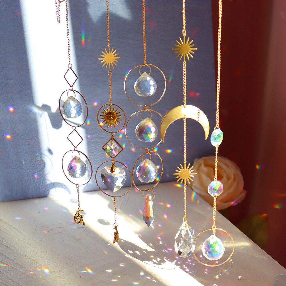 Crystal Windchime Ornaments Star Moon Pendant Hanging Sun catchers Wind Chimes Window Craft Outdoor Garden Room Home Decor Gifts